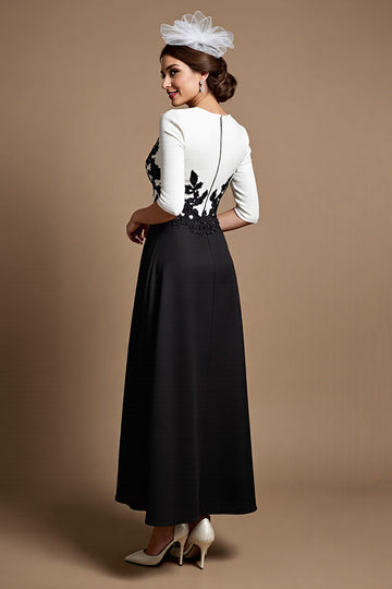 Black and White A Line Satin Midi Mother of the Bride Dress with Appliques